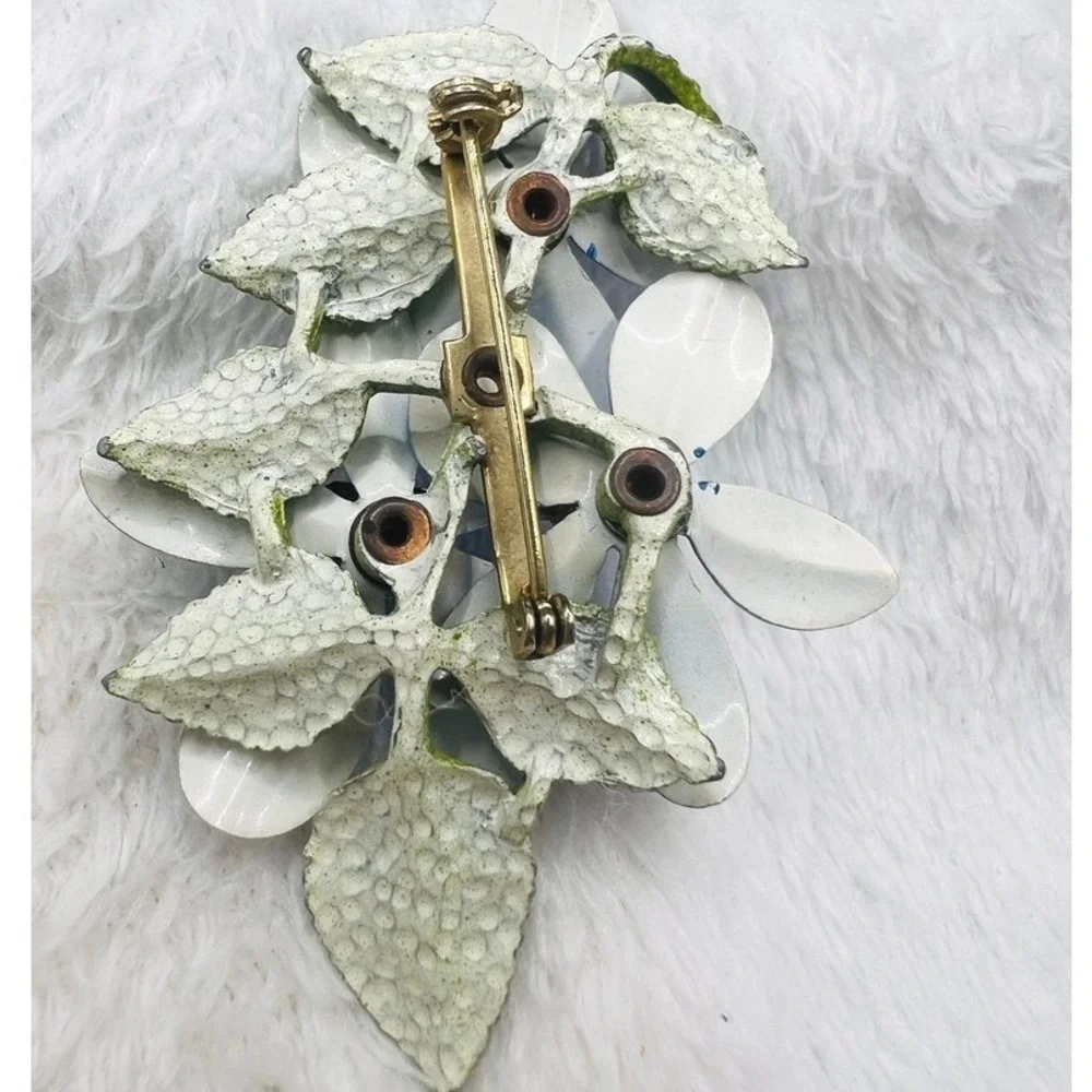 Vintage Flower‎ Power Brooch Blue Enamel Bouquet Leaves 3X2
